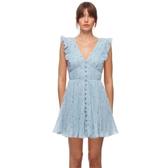 NWT Self Portrait Blue Metallic Floral Mini Dress - Picture 2 of 5